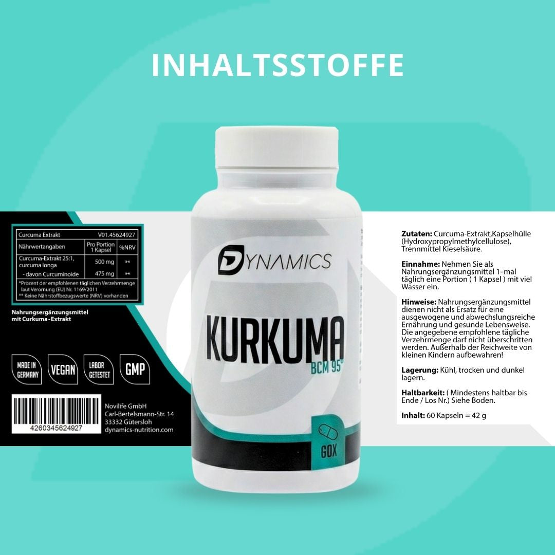 Kurkuma mit 60 Kapseln und 475 mg Curcuminoide pro Kapsel