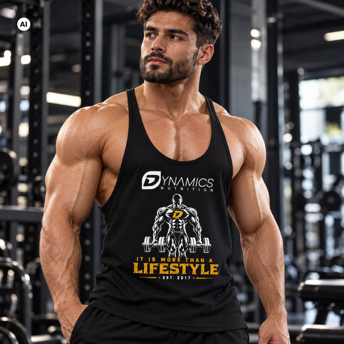 Dynamics Stringer Tanktop Black/Gold – am Model im Fitnessstudio getragen