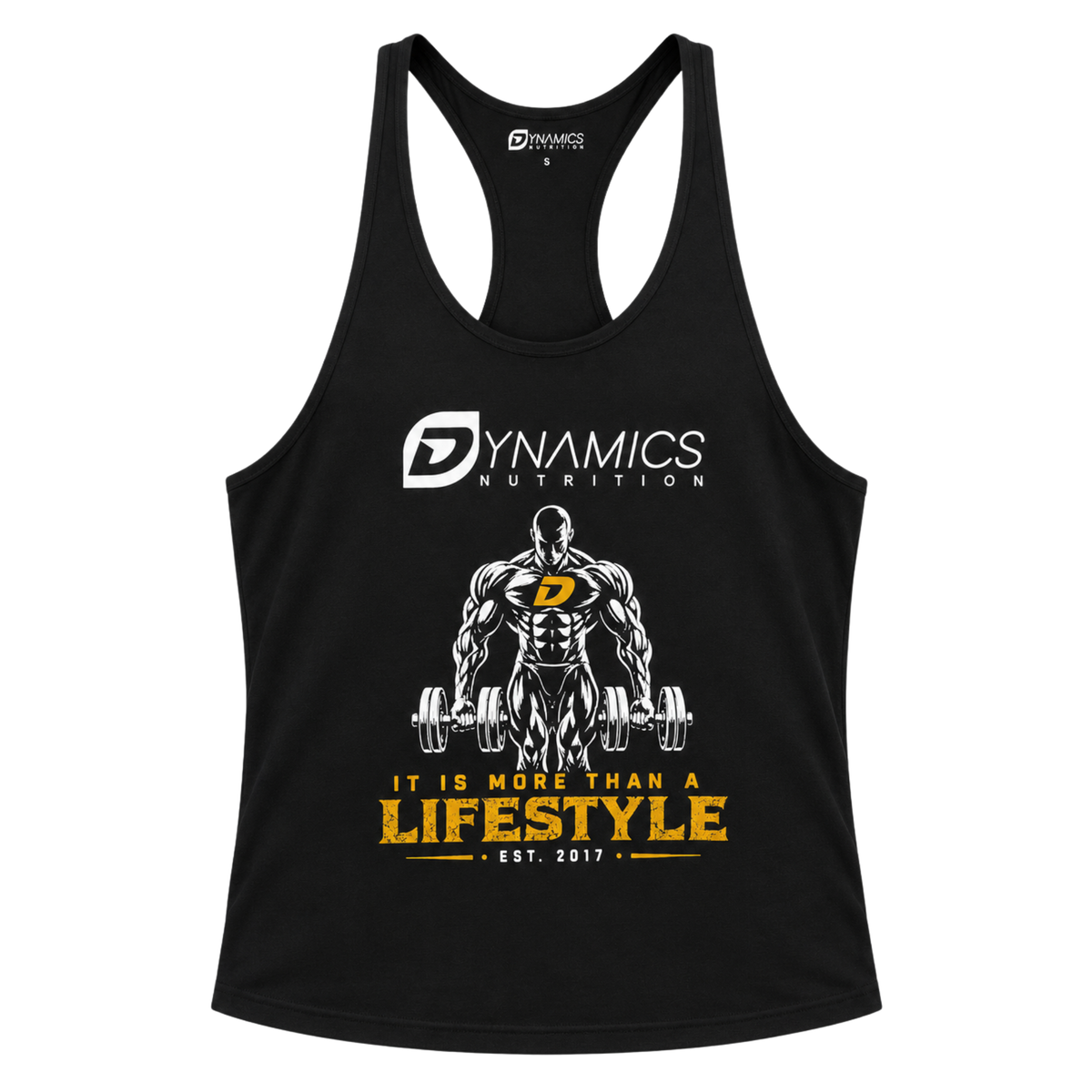 Dynamics Stringer Tanktop Black/Gold – Vorderseite mit weiß-goldenem Bodybuilding-Print