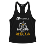 Dynamics Stringer Tanktop Black/Gold – Vorderseite mit weiß-goldenem Bodybuilding-Print